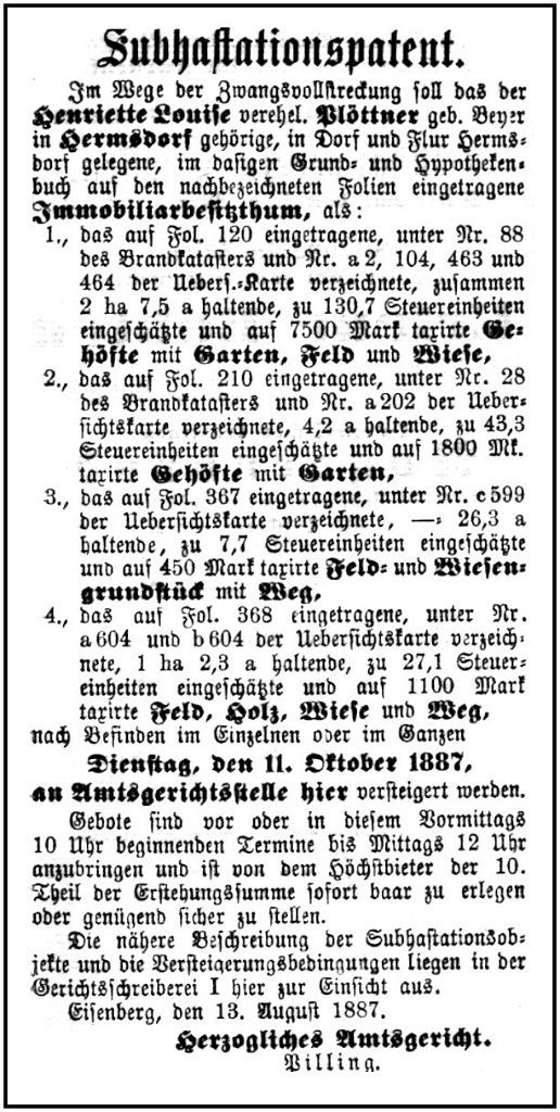 1887-08-28 Hdf Versteigerung Ploettner